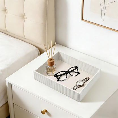 SITHON Valet Tray Desk Organizer, PU Leather Catchall Bedside Vanity Tray Nightstand Caddy Coin Box Key Jewelry Storage Organizer, Graduation, Stripe Pearl White