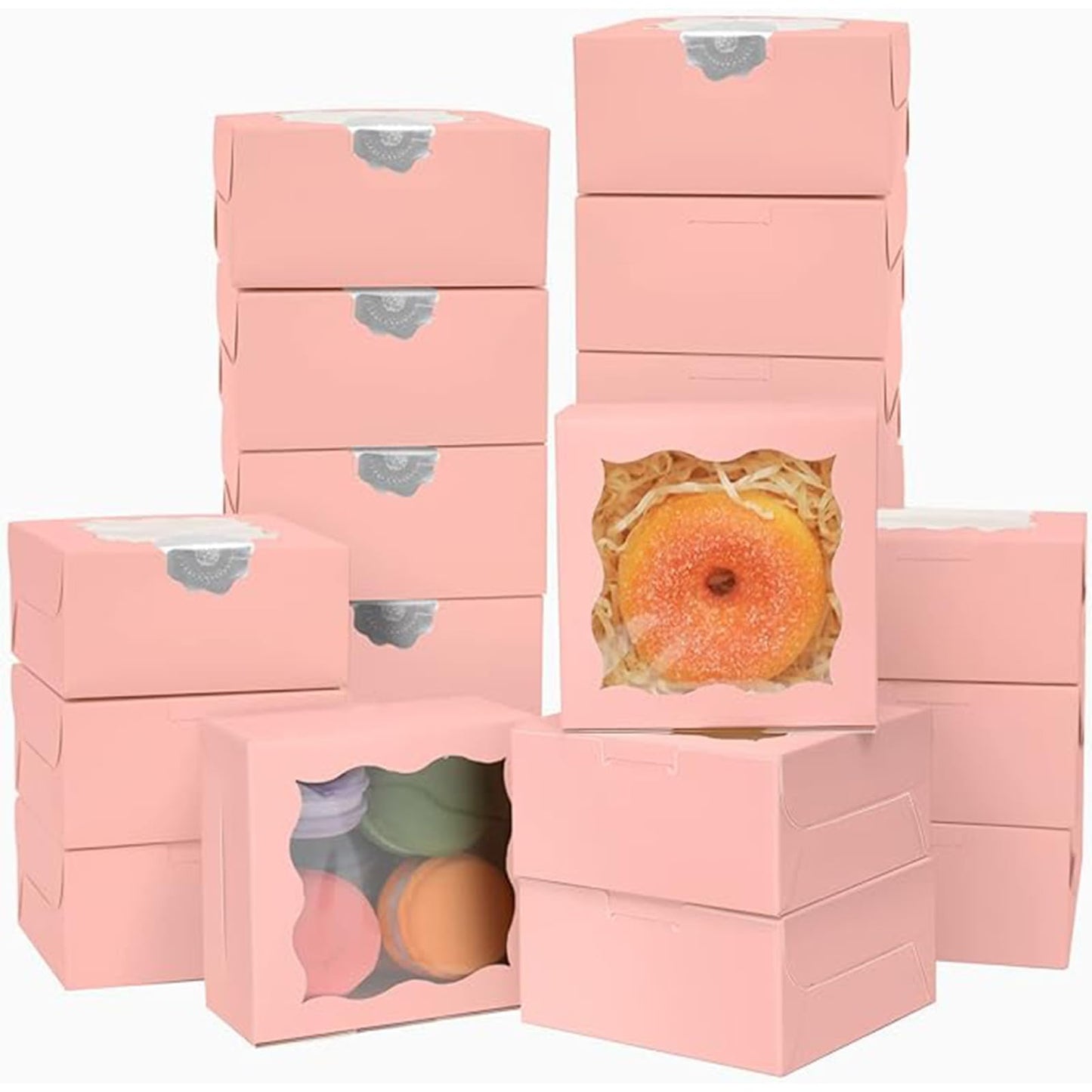 Bakepacker Pink Bakery Boxes with Window 4x4x2.5 inches Small Size Pastry Boxes Mini Cookie Boxes for Bakerys Thick & Sturdy （100 Packs）