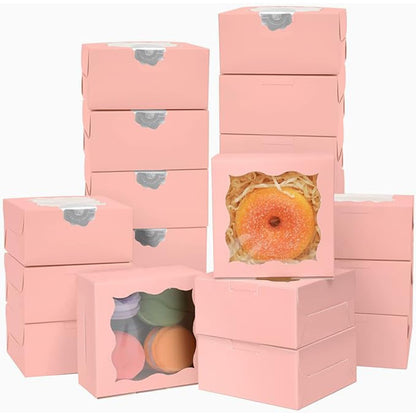 Bakepacker Pink Bakery Boxes with Window 4x4x2.5 inches Small Size Pastry Boxes Mini Cookie Boxes for Bakerys Thick & Sturdy （100 Packs）