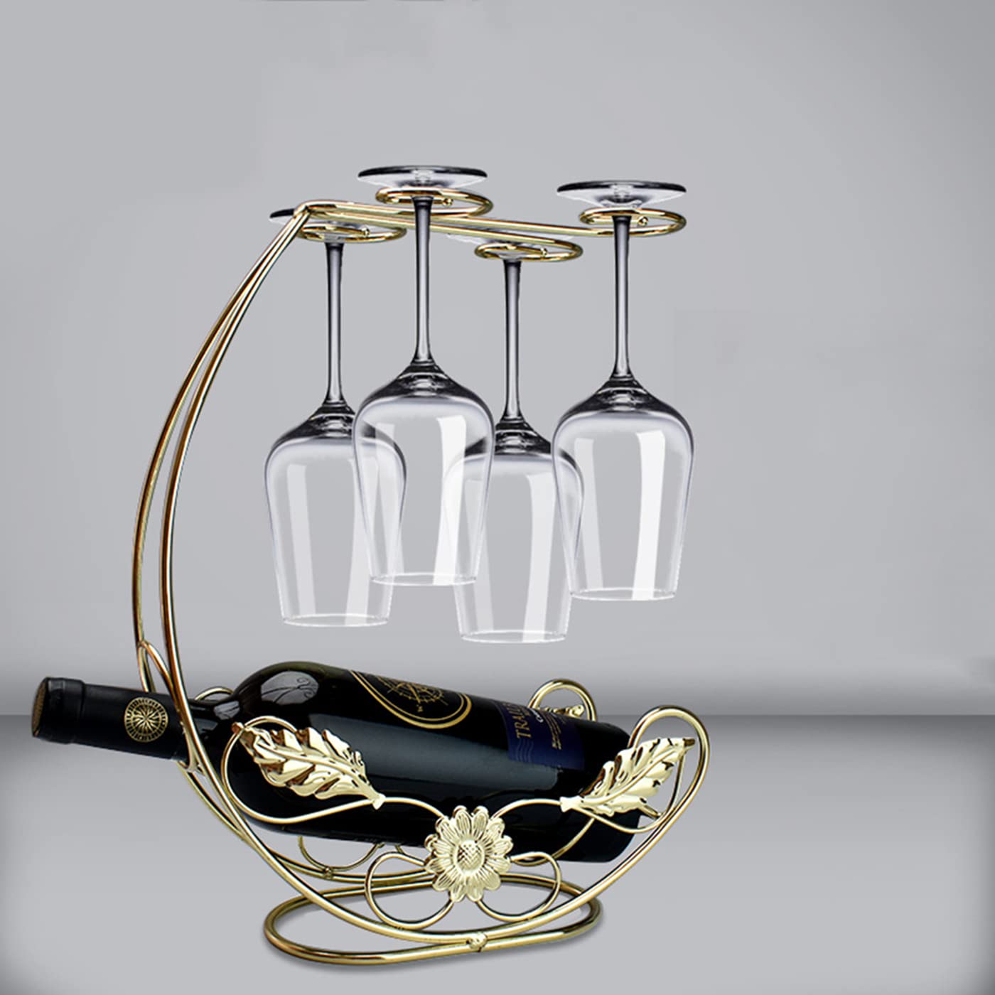 Hongiuia Metal Wine Rack, Tabletop Wine Glass Holder, 1 Bottle+4 Cups Gold