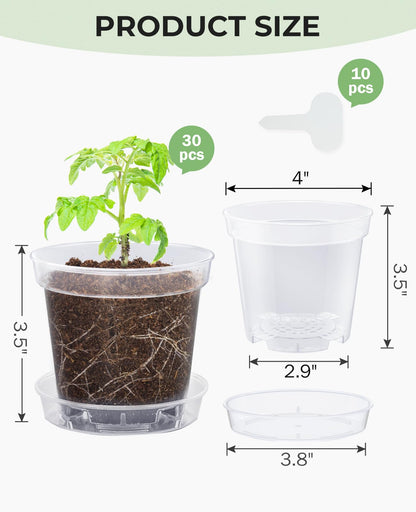 homenote 4 Inch Clear Nursery Pots 30 Pack with Drainage and Plant Saucers, Rigid High Transparency Plastic Nursery Pots for Plants,Thick Walled Planter Nursery Pots with Upgraded Drainage Holes