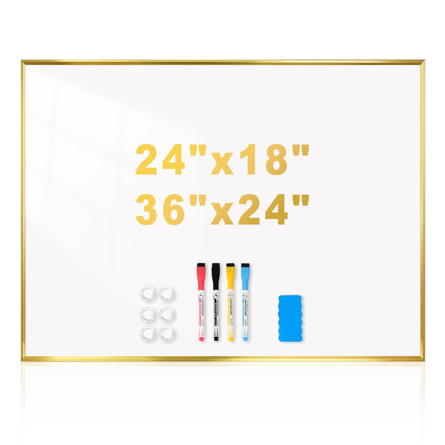 QUEENLINK Magnetic Whiteboard, 24"x18" Gold Aluminum Frame Dry Erase White Board for Wall, Hanging Wipe Board with 6 Magnets, 4 Markers & 1 Eraser for Home, Office, School