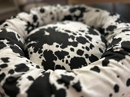 Organic Cotton Canvas Dog Bed: Removable Cover, Natural Fill - Made in USA (Cow Print Black White, Small 24" x 7" inches)