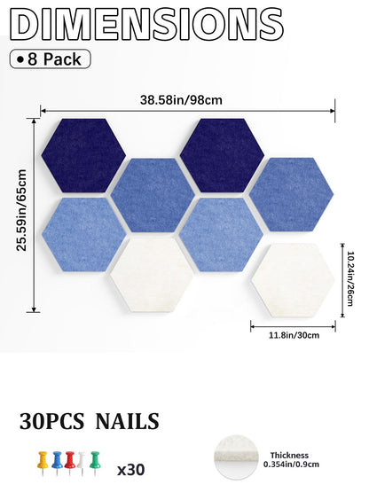 Uoisaiko 8 Pack Hexagon Felt Bulletin Board Tiles - 12" Large Thick Pin Board for Walls with 30 Push Pins, DIY Boards for Office Home School Decor, Aesthetic Hex Cork Board Alternative