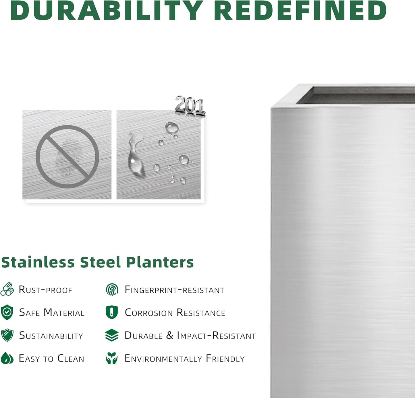 LONGRUNNEW Stainless Steel 25cm Square Planter with Wheels Trolley, Large Plant Pots for Indoor, Outdoor, Business Space, Public Places, Easy to Clean and Move