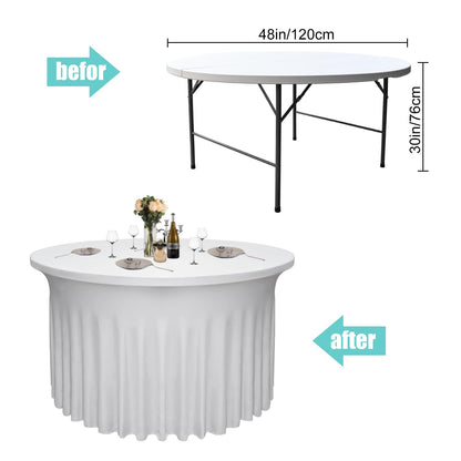 Yoquare 4 Pack White Round Table Skirt, 48 Inch Diameter x 30 Inch Height, Stretch Polyester Spandex Tablecloth for 4ft Round Tables, Stain & Wrinkle Resistant for Wedding, Party, Banquet Decor