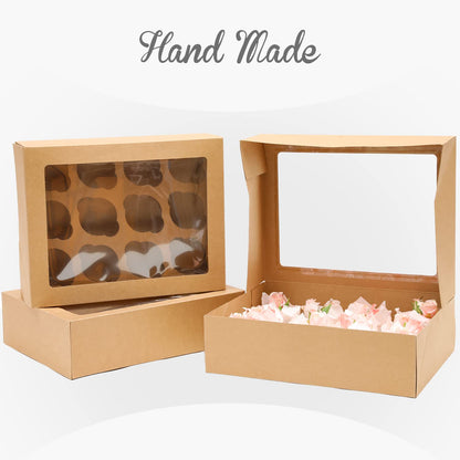Bakepacker 12 Cupcake Containers 20-Packs Brown 12 Count Cupcake Boxes with Window Cupcakes Carrier, 13"x10"x3.5"（Auto-pop up）