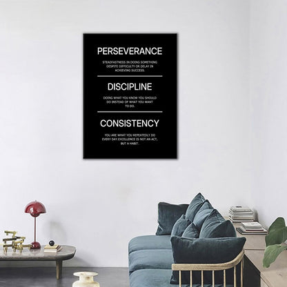 Inspirational Canvas Wall Art Perseverance Discipline Consistency Office Success Quotes Poster Wall Decor Motivational Picture Painting for Home Living Room Gym Stretched and Framed [18''W X 24''H]