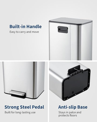 4 Gallon/15 Liter Trash Can, Stainless Steel Step Garbage Can with Quiet Soft-Close Lid, Foot Pedal & Removable Inner Bucket, Rectangular Trash Bin for for Living Room Home Office, Silver
