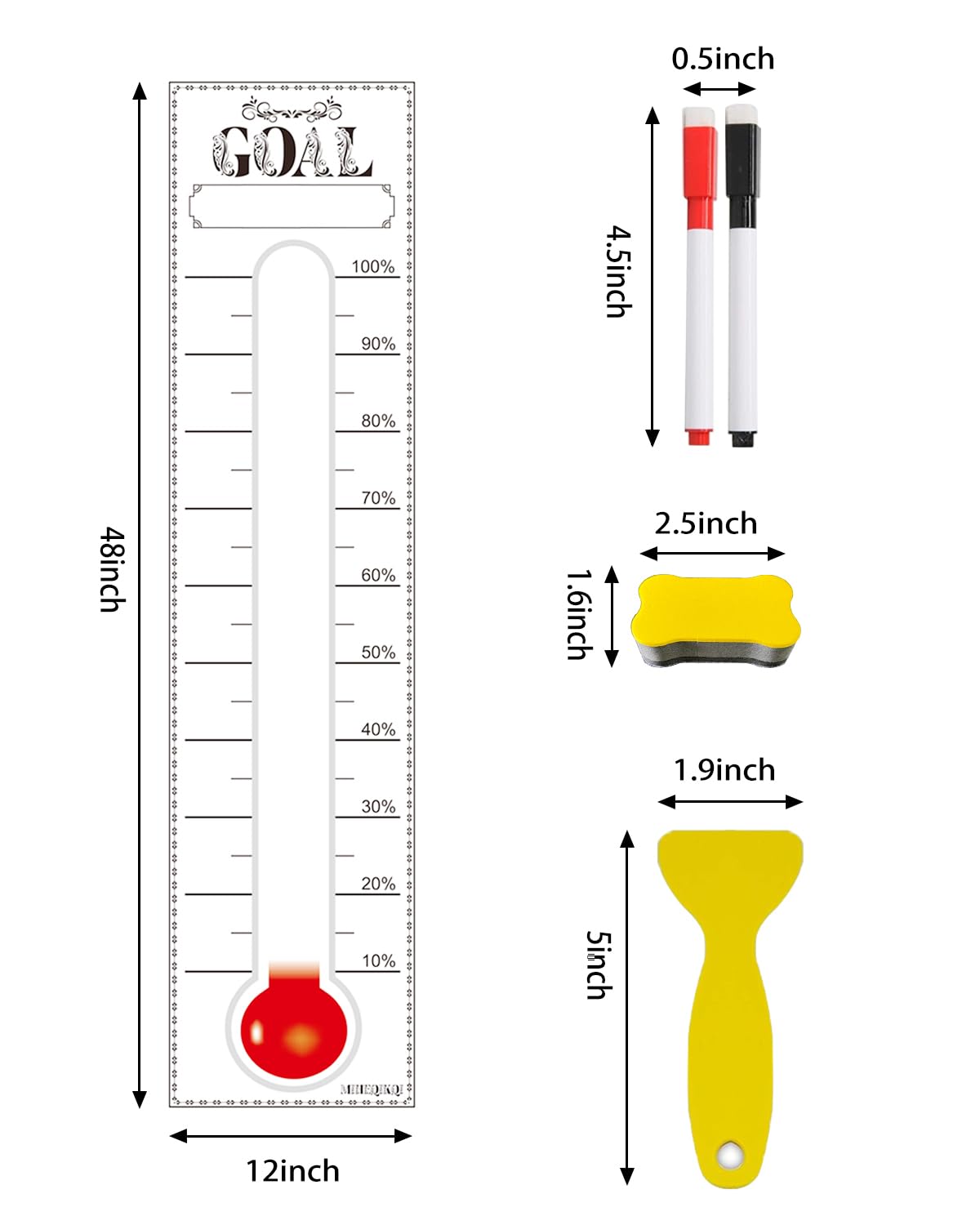 Fundraising Thermometer Chart Goal Tracker, 48"x12" Dry Erase Goal Setting Wall Mounted Thermometer Wall Posters, Removable Giant Sales Goal Sticker for Home, Schools, Churches, Offices & Charities