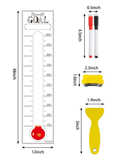 Fundraising Thermometer Chart Goal Tracker, 48"x12" Dry Erase Goal Setting Wall Mounted Thermometer Wall Posters, Removable Giant Sales Goal Sticker for Home, Schools, Churches, Offices & Charities
