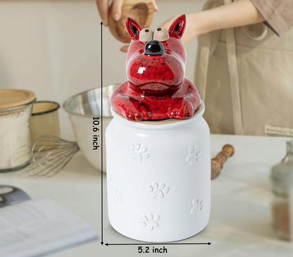GABROC Dog Cookie Jar with Airtight Sealing Lid Matte White Ceramic Candy Jar with Lid– Cute Cartoon Dog Shape, Red‑Black Glaze Artistry