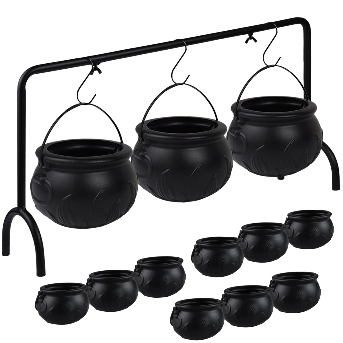 CESOF Cauldron Halloween Party Decor, Set of 12 Hanging Black Plastic Cauldron Bowls with Iron Rack, Large and Mini Candy Bucket Serving Punch Bowl for Table Witch Hocus Pocus Indoor Home Decorations