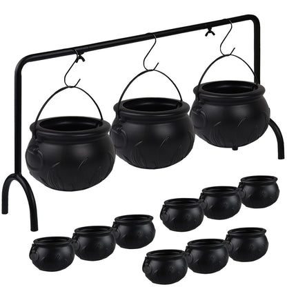 Zimati Cauldron Halloween Table Decor, 12 Pcs Large and Mini Black Plastic Hanging Cauldrons Serving Set, Spooky Witches Cauldron Candy Serving Bowls for Indoor Home Hocus Pocus Party Decorations