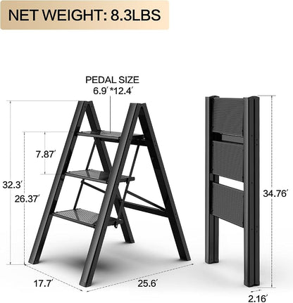 3 Step Ladder, Aluminum Folding Step Stool with Anti-Slip Sturdy and Wide Pedal, Lightweight Portable Stepladder for Home and Kitchen Use Space Saving, Black, 330 lbs