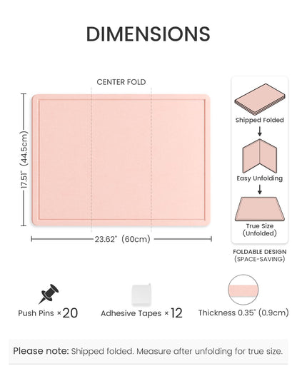 Fluxynara Bulletin Board, 23.6" x 17.5" Cork Board Alternative with 12 Safe Removable Adhesive Tabs, Foldable Felt Pin Board for Home Office, Classroom, Bedroom,Entryway for Walls—Pink