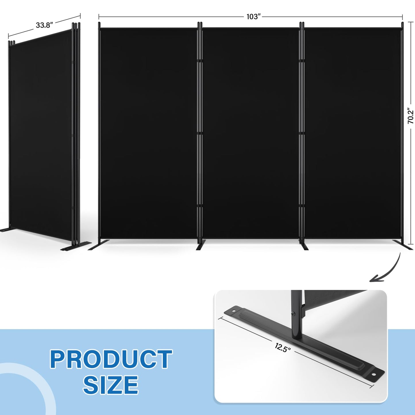 AKTOP 3 Panel Room Divider 6FT – 103" W x 70" H Folding Privacy Screen, Freestanding Fabric Room Partition, No-Drill Temporary Wall Divider for Apartment, Dorm, Studio, Home Office, Bedroom – Black