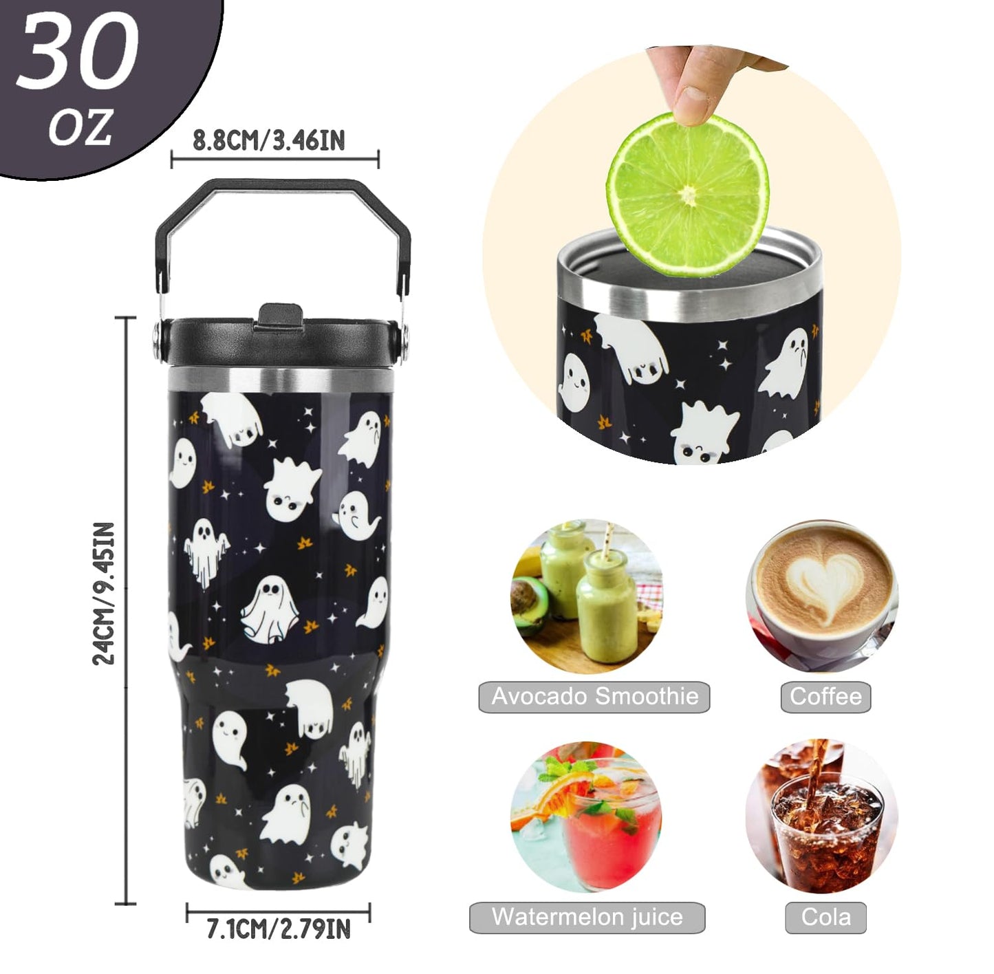 Zifmrtrwn Halloween Tumbler with Handle and Flip Straw Ghost Gifts Coffee Travel Mug Insulated Water Bottle Cup Ghosts Halloween Decor Gifts-30 oz(1PCS)