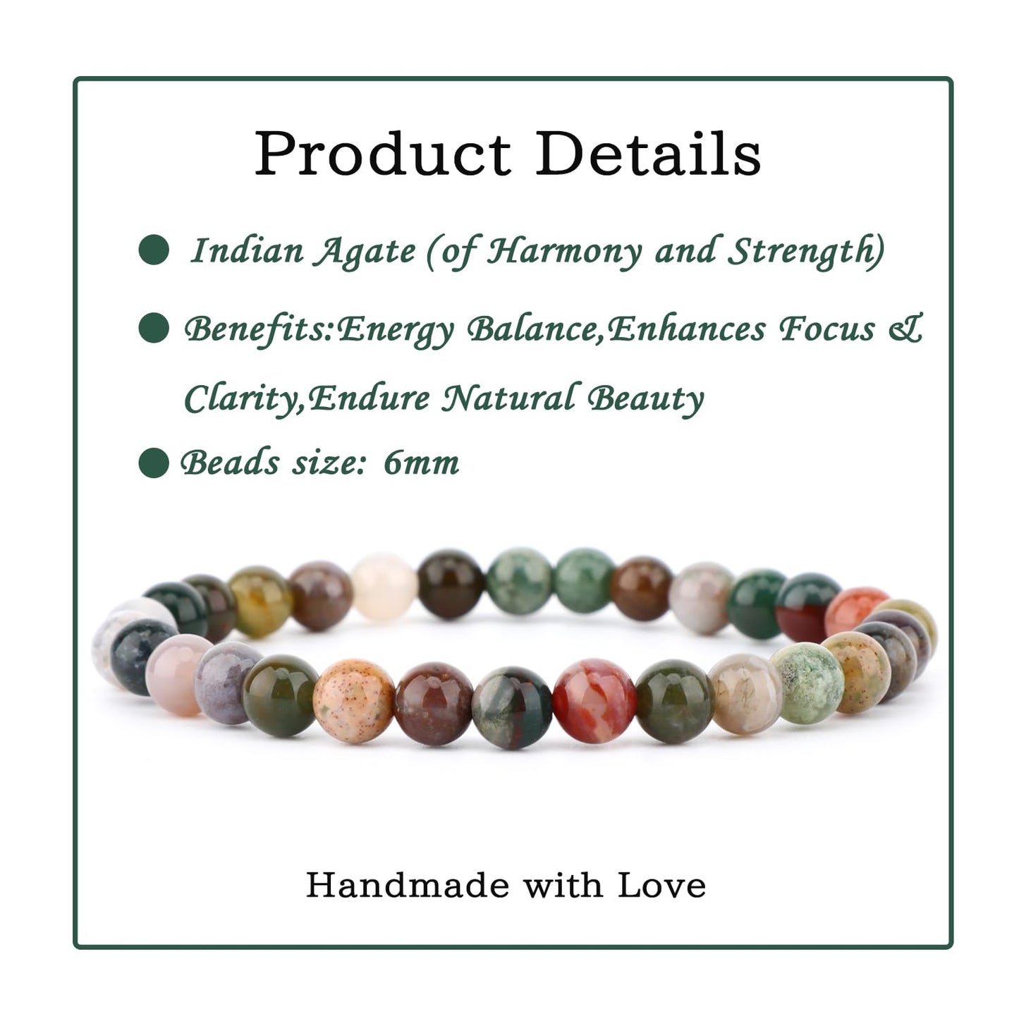 Bymitel 6mm Indian Agate - Handmade Reiki Gemstone Stretch Bracelet, Natural Beauty & Spiritual Essence, Crystal Healing for Unisex Adults