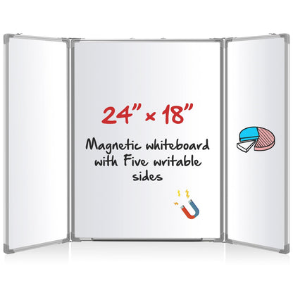 AmazingSpark 24” x 18” Foldable Whiteboard Dry Erase Board Large Tri Folding Whiteboard Magnetic Dry Erase Board, Wall Aluminium Frame and Pen Tray for Office, Home