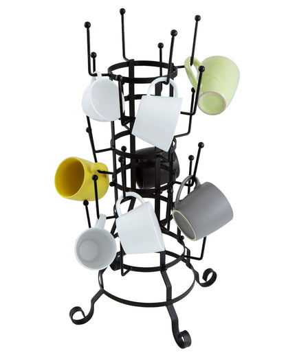 MyGift 24-Hook Rustic Black Iron Coffee Mug Holder, Tea Cup Display Stand, Drinking Glasses Baby Bottle Drying Rack Stand