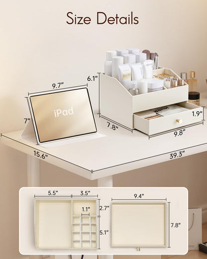 VLANDO Makeup Organzier,Vanity Organizer with Drawers, PU Leather Skincare Organizer Perfume Organizer,Large Cosmetic Display Case for Lipstick,Brushes Gifts for Women-Beige