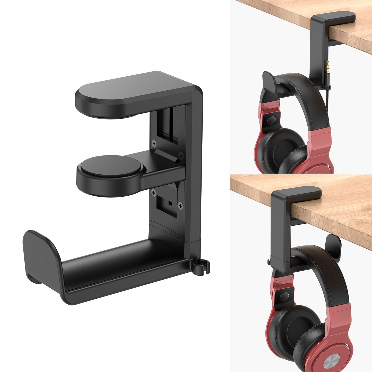 EURPMASK Rotating Headphone Stand - PC Gaming Headset Holder, Adjustable Clamp-on Under Desk Hanger With 360 Degree Swivel & Cable Clip Organizer - Black