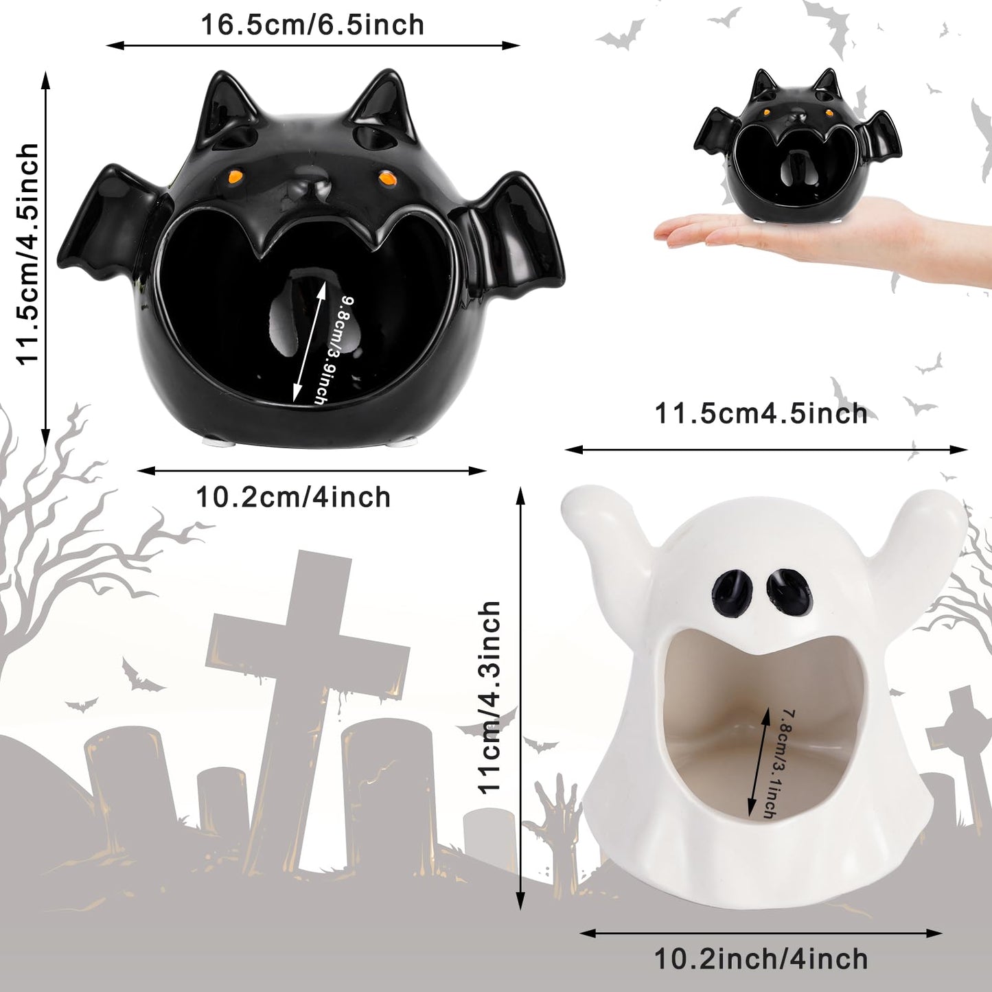 Whaline 2Pcs Halloween Candy Bowls MIni Halloween Candy Dish Candle Holder Trick or Treat Bat Ghost Ceramic Dish for Tiered Tray Ornament Tableware Holiday Party Decor Supplies Gift