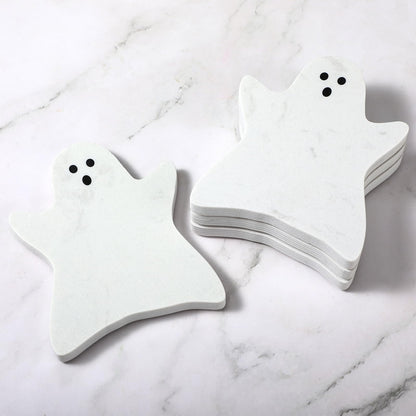Acellegic 4pcs Marble Coasters Halloween Ghost Coasters 4.7 x 3.9 Inches for Drinks Beverage Boo Mug Cup Car Desk Party Decoration(Halloween Ghost,White)