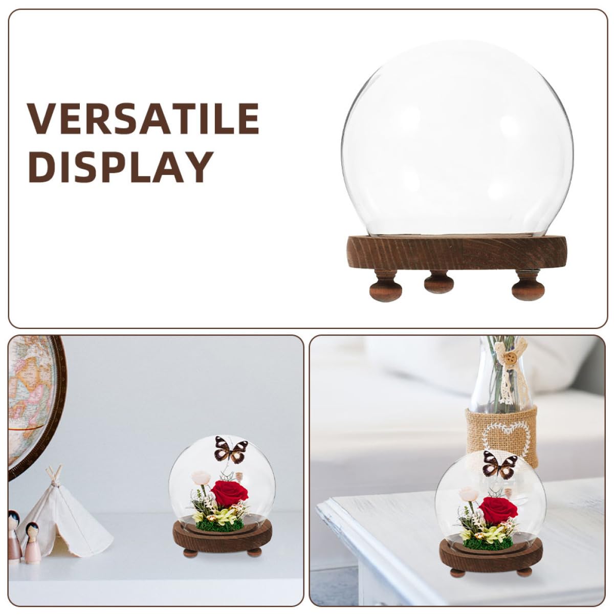 Happyyami Clear Glass Cloche Bell Jar with Wooden Base for Plants Terrariums and Preserved Flowers Elegant Display Dome Cover for Home Decor Dust Showcase Beauty