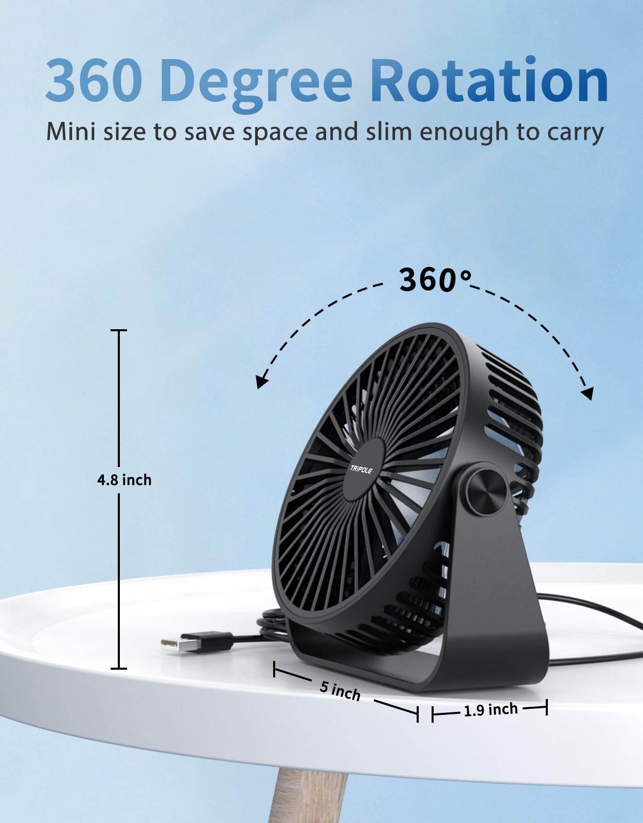 TriPole USB Desk Fan 4.5 Inches Portable Mini Fan Powerful 3 Speeds Wind Personal Desktop Fan with 360° Head Rotation for Home Office Car Indoor Outdoor Black, No Battery