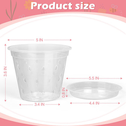 FUIJOL Orchid Pot, 6 Pack 5 Inch Clear Orchid Pots with Holes and Saucers for Repotting, Breathable Slotted Plastic Orchid Planters with Drainage for Root Health Indoor Outdoor (5 Inch)