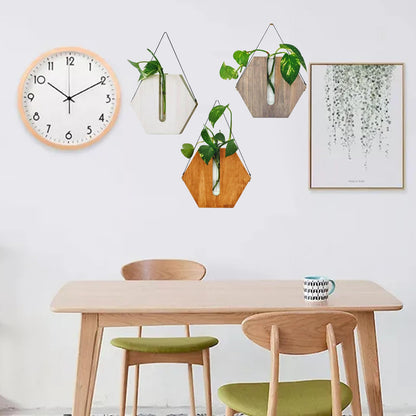 POTRUWE Wooden Wall Hanging Planter Flower Tube Vase, Wall Propagation Planters Glass Plant Terrarium Cylinder Buds Vase Flower Pots Wall Decor for Living Room (Brown)