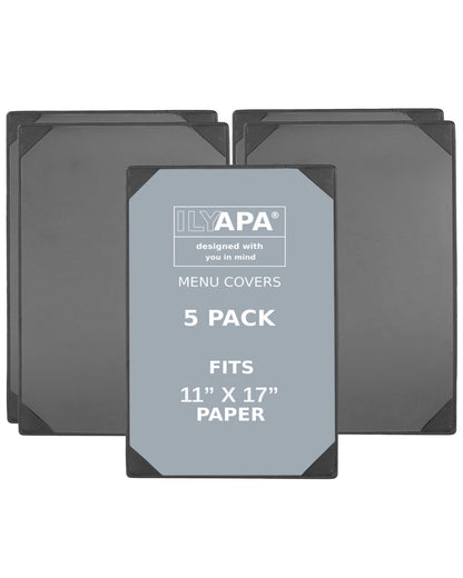 Ilyapa 5 Pack Restaurant Menu Covers 11 x 17 - Vinyl Leather Menu Holder, Single Sided Book with Corner Sleeves for Display of Wedding Menus, Weekly Kitchen Specials & Bar Drinks for Table Top