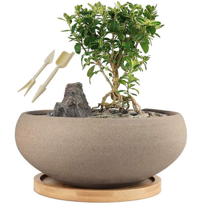 MUZHI Round Unglazed Ceramic Bonsai Pot with Bamboo Tray, Large Rough Pottery Succulent Planter with Drainage Hole 8 inch … (8”)