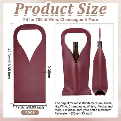 OLYCRAFT 3Pcs Dark Red Wine Tote Bag Reusable Leather Wine Carrier for Universal 750ml Bottle PU Leather Wines Present Bag Single Bottle Champagne Beer Bags for Birthday Wedding Christmas Party