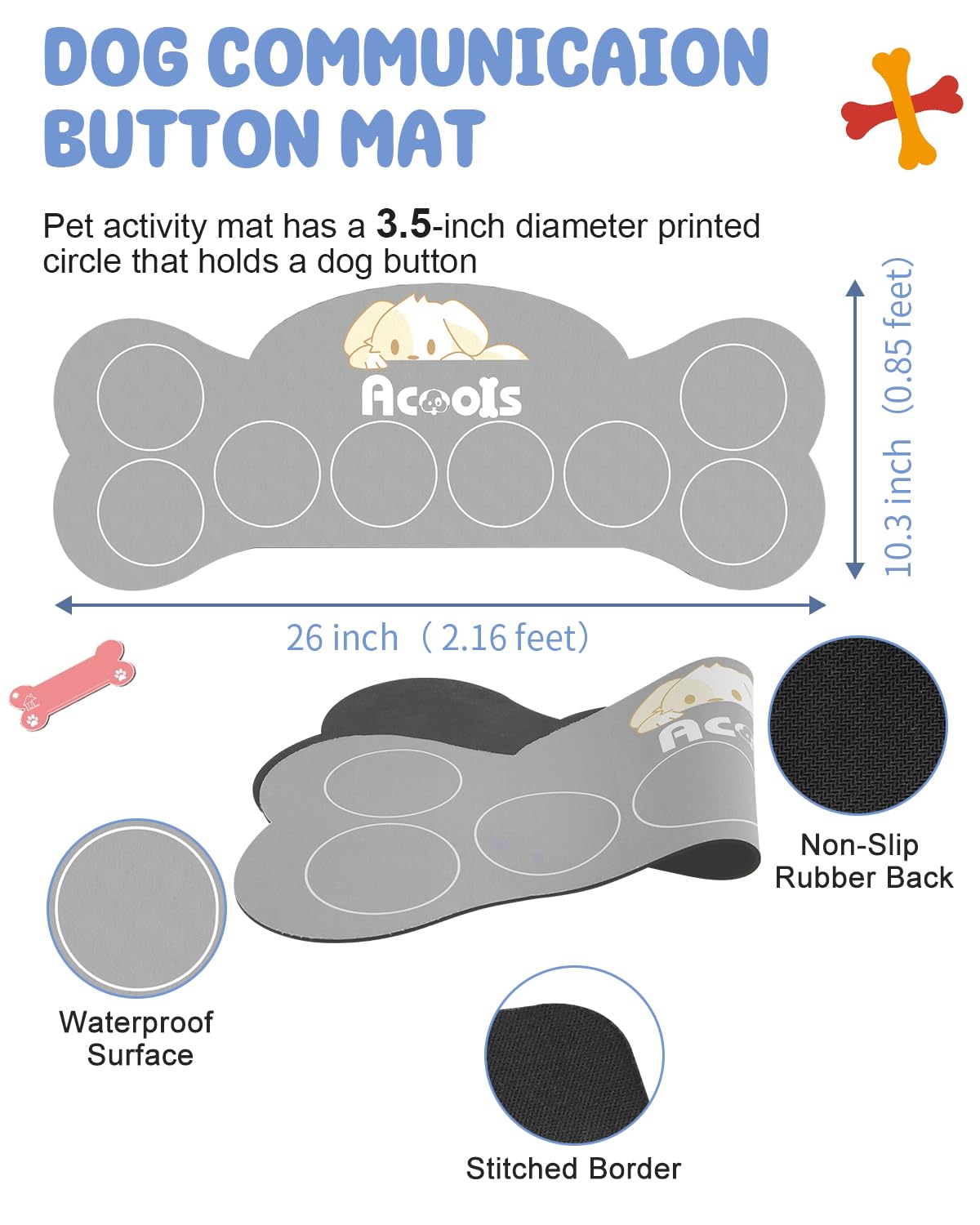 Acools Dog Buttons for Communication, 8 Dog Talking Button Set, 30s Recordable Voice Pet Buzzer Training Buttons, Speaking Button for Dogs with Anti-Slip Dog Buttons Talk Mat and 24 Scene Stickers
