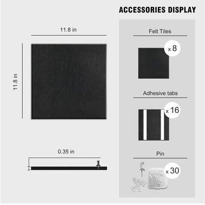 TSJOFFICE Large Cork Board for Wall - 48" x 24" Bulletin Board with 30 Pushpins for Office Decor, Pin Board 8 Pack Felt Tiles with Safe Removable Adhesive Tabs, Corkboard for Home - Black & White