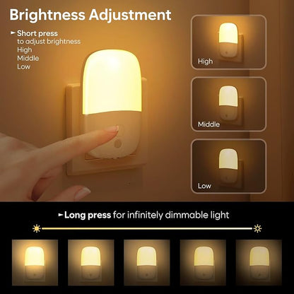 LED Night Light Plug into Wall, 2 Pack Dimmable Night Lights with Dusk to Dawn Sensor & Retractable Plug & 3 Adjustable Brightness, 3000K Warm Nightlight for Adults/Kids/Bedroom/Stair/Hallway/Kitchen