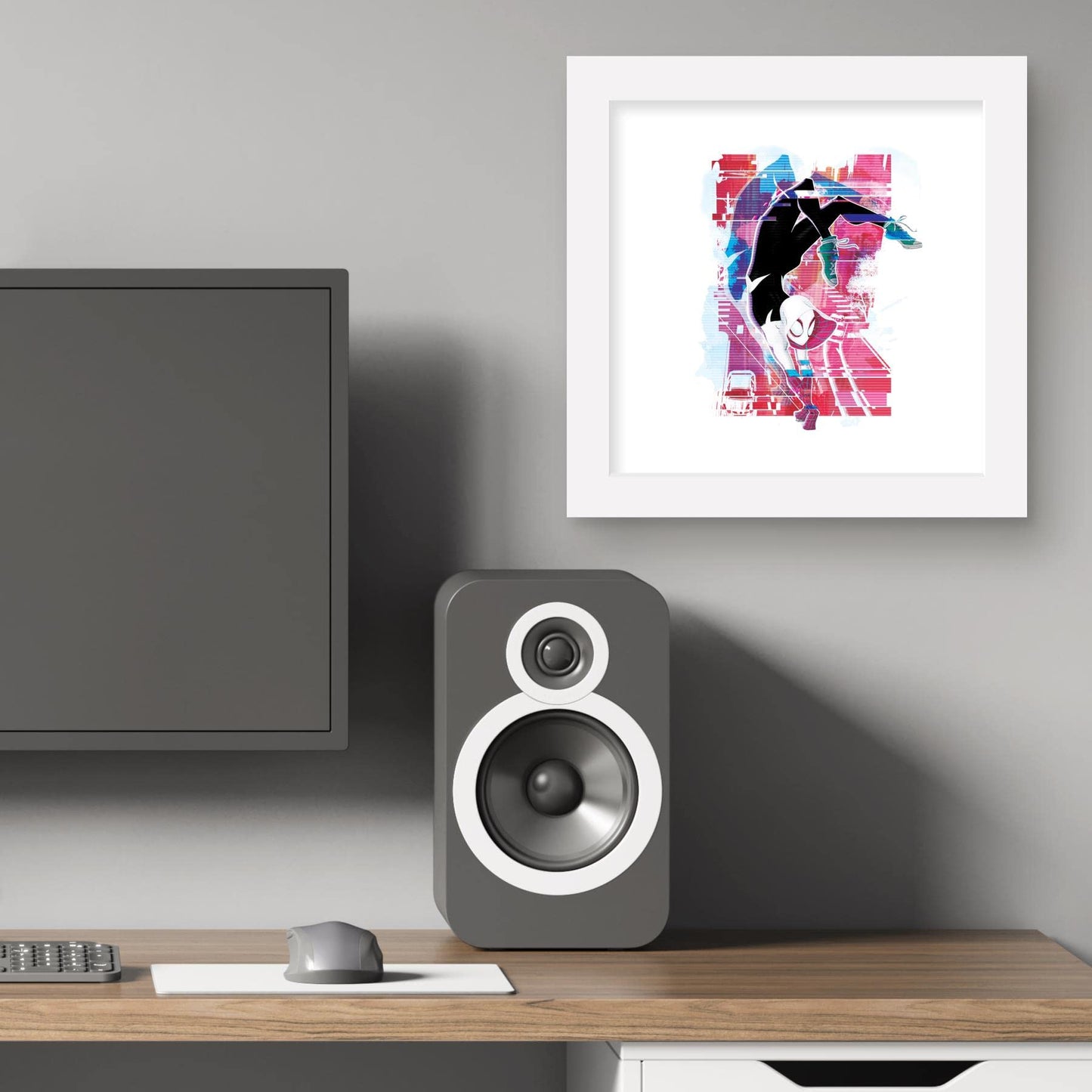 Trends International Gallery Pops Spider-Man: Across the Spider-Verse - Spider-Gwen Glitch Wall Art Wall Poster, 12.00" x 12.00", White Frame Version