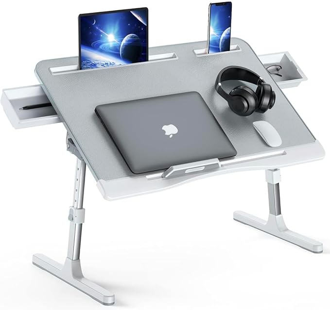 Lap Table, Foldable Adjustable Laptop Lap Desk for Bed and Sofa, X-Large with 2 Drawers, Grey