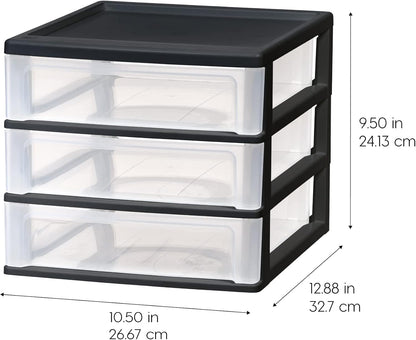 IRIS USA Plastic Stacking Desk Top 3-Drawer Storage Organizer, 2-Pack, for Makeup Vanity Nail Polish Bathroom Stationery Art Craft Supplies Kitchen Office Garage and Small Organization, Medium, Black