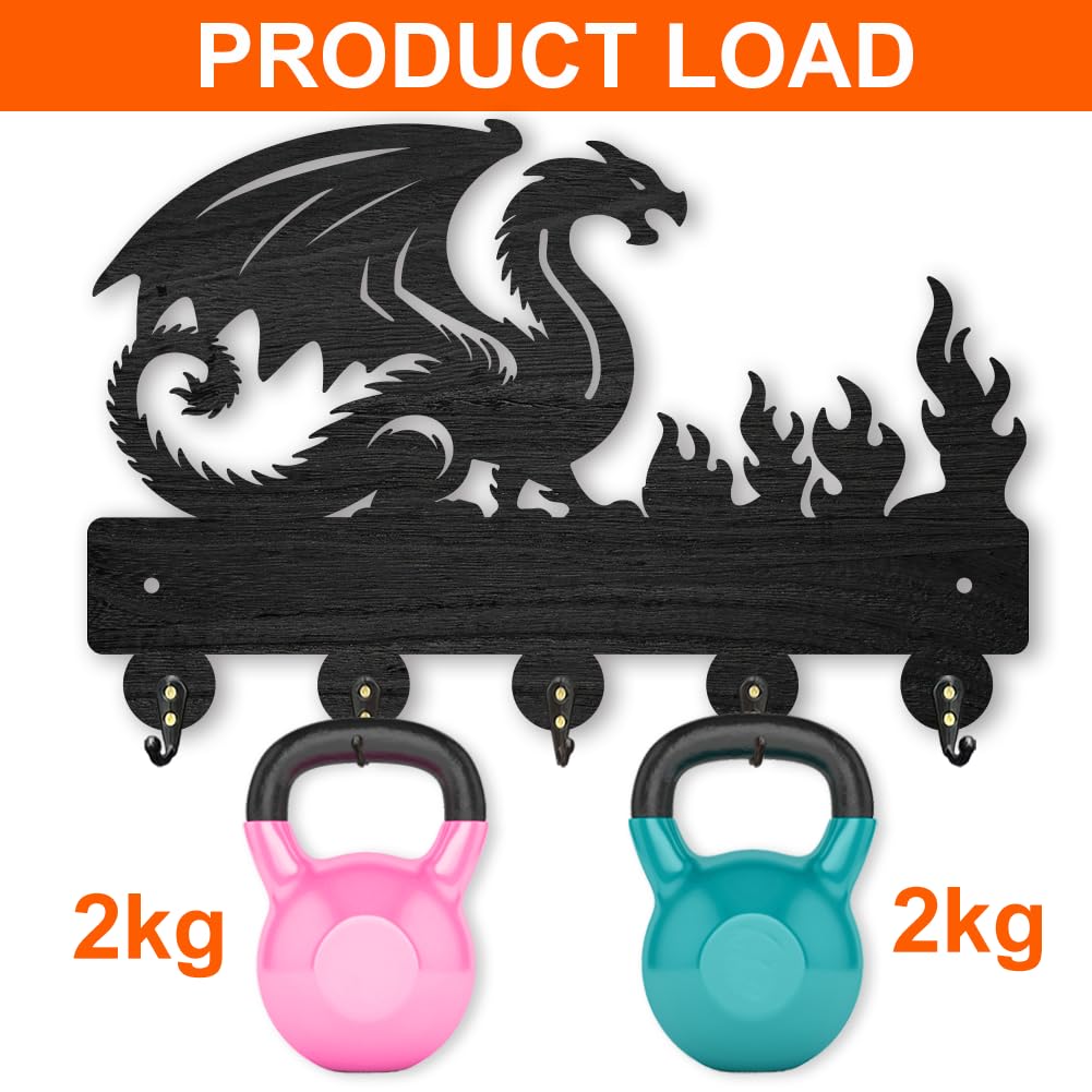 INFUNLY Dragon Black Wooden Key Holder for Halloween 7.9"×11.8" Flame Key Holder Wall Mount Dragon Key Holder Rack with 5 Hooks Key Organizer Rack Hanger for Home Entryway Living Room Bags Umbrella