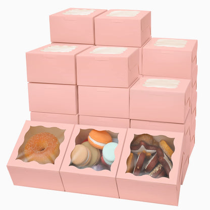 Bakepacker Pink Bakery Boxes with Window 4x4x2.5 inches Small Size Pastry Boxes Mini Cookie Boxes for Bakerys Thick & Sturdy （100 Packs）