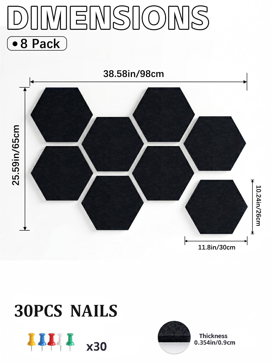8 Pack Hexagon Felt Bulletin Board Tiles - 11.8" Large Thick Pin Board for Walls with 30 Push Pins, DIY Boards for Office Home School Decor, Aesthetic Hex Cork Board Alternative