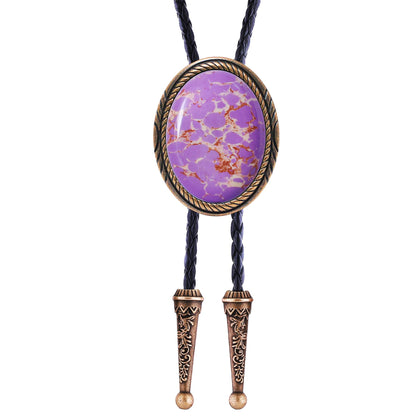 joymiao Bolo Tie Men Western Cowboy Neck Tie Vintage Country Style Bronze Pendant Leather Necktie Purple Turquoise Stone Mens Accessories