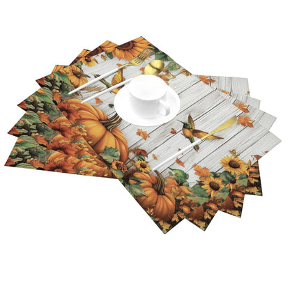 Thanksgiving Day Vinyl Placemats Set of 4 for Dining Tables,Fall Pumpkin Bird Sunflower on Wood Kitchen Table Mats Heat Resistant Washable Wipeable PVC Place Mat for Indoor Outdoor Seasonal Party