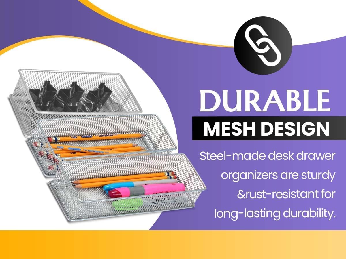 YBM HOME Silver Mesh Drawer Cabinet and or Shelf Organizer Bins, School Supply Holder Office Desktop Organizer Basket 1591s (1, 6x12x2 Inch)