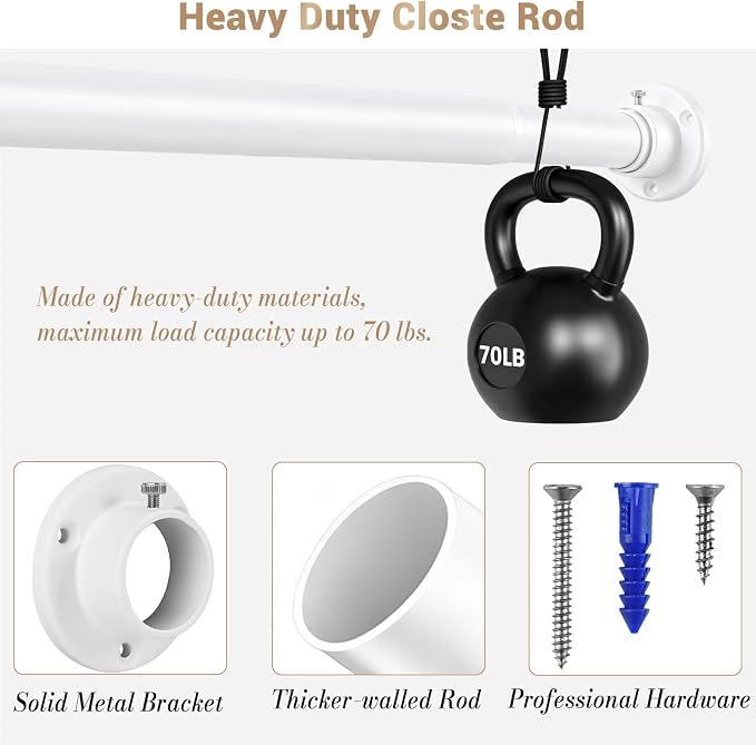 Closet Rod Adjustable 17 to 128 Inch, 1-1/4” Diameter, Closet Rods for Hanging Clothes, Stepless Metal Heavy Duty Hanging Rod for Closet Wardrobes Laundry RV (White)