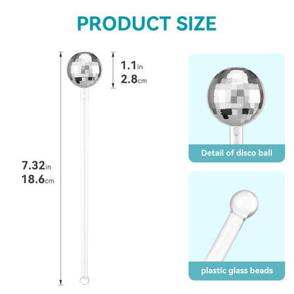 Soledea 24 Pcs Disco Ball Drink Stirrers, 8 Inch Silver Plastic Mirror Ball Swizzle Sticks, Decorative Beverage Stirrers for 70s 80s 1970s Party Home Bar Coffee Shop Use